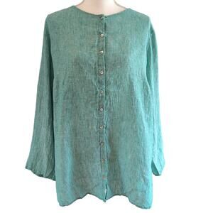 Tahari Turquoise 100% Linen Button Front Long Sleeve Top Size 1X